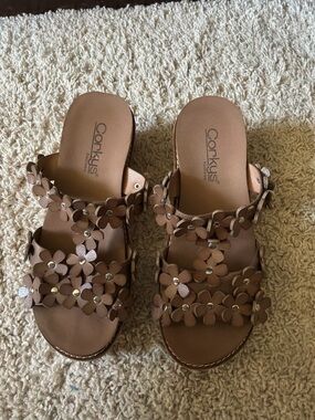 Corkys Women's Brown Floral Leather Slide Mules